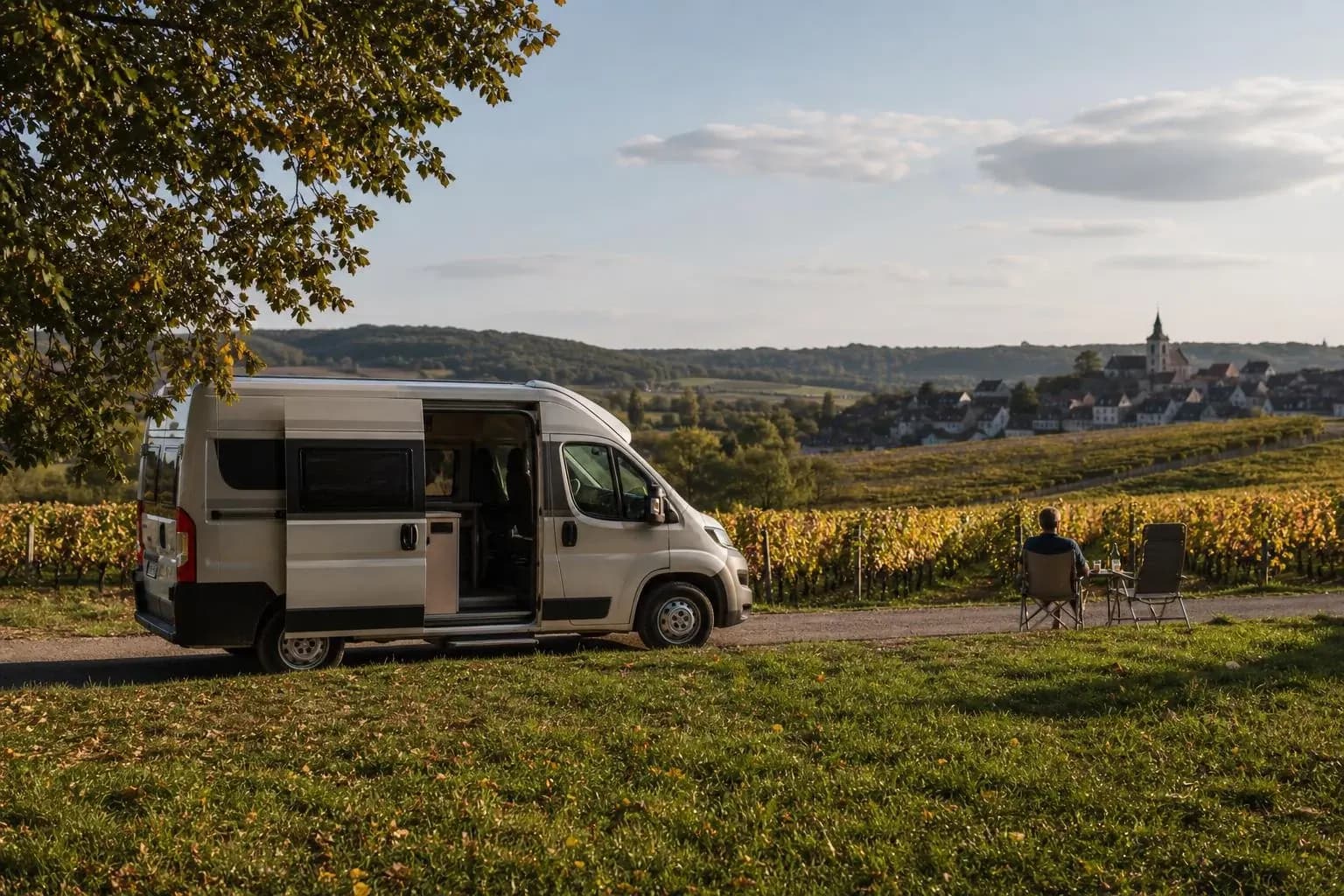 Fourgon aménagé blanc-crème porte latérale ouverte, garé à l'ombre d'un arbre au bord d'un chemin traversant les vignes, un passager assis à une table de camping face à un village viticole en arrière-plan