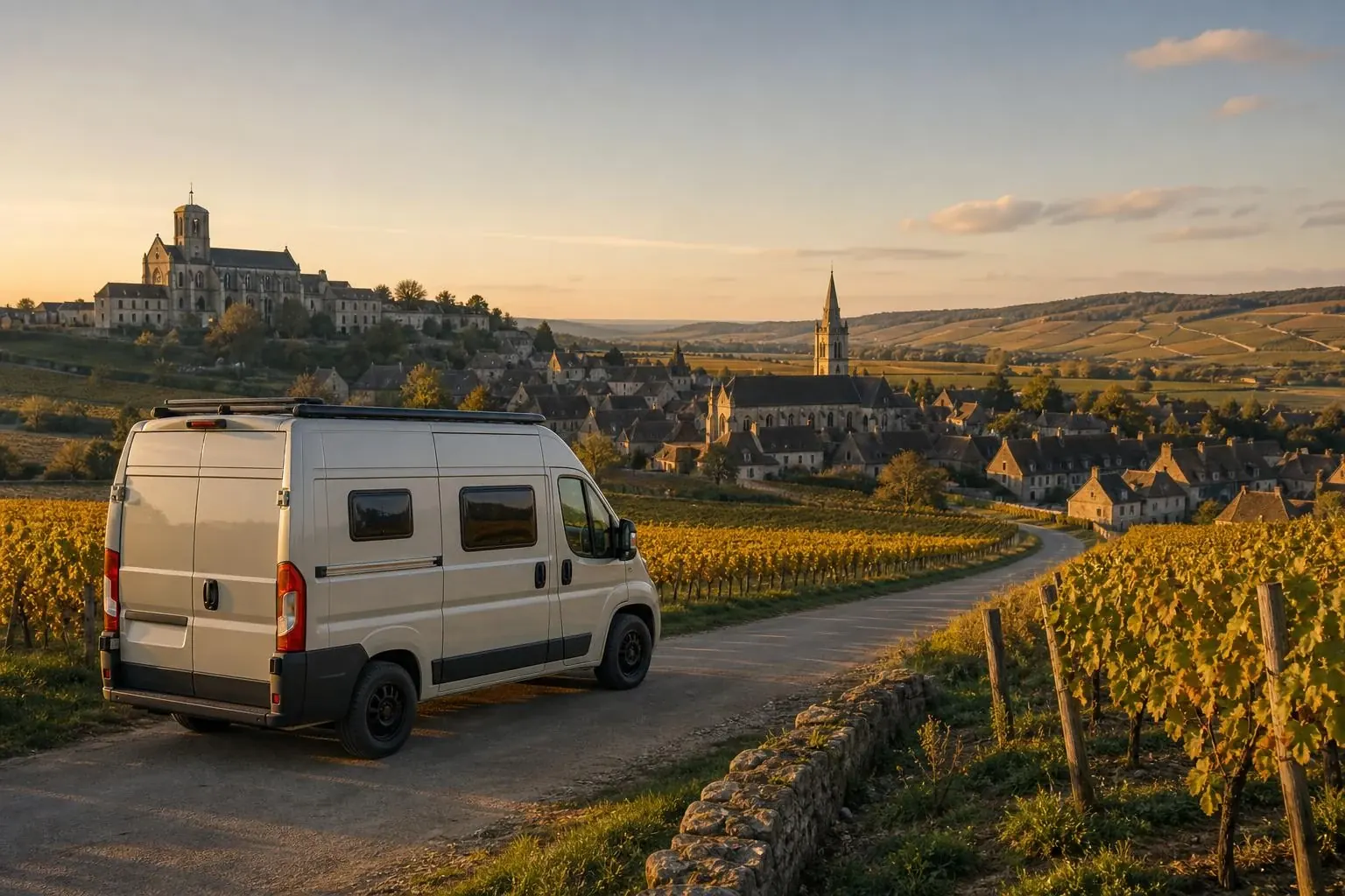 Fourgon aménagé blanc vu de trois-quarts arrière, garé sur un chemin de terre entre des rangées de vignes en coteau, un village viticole bourguignon avec son église et son clocher en arrière-plan, lumière de fin de journée