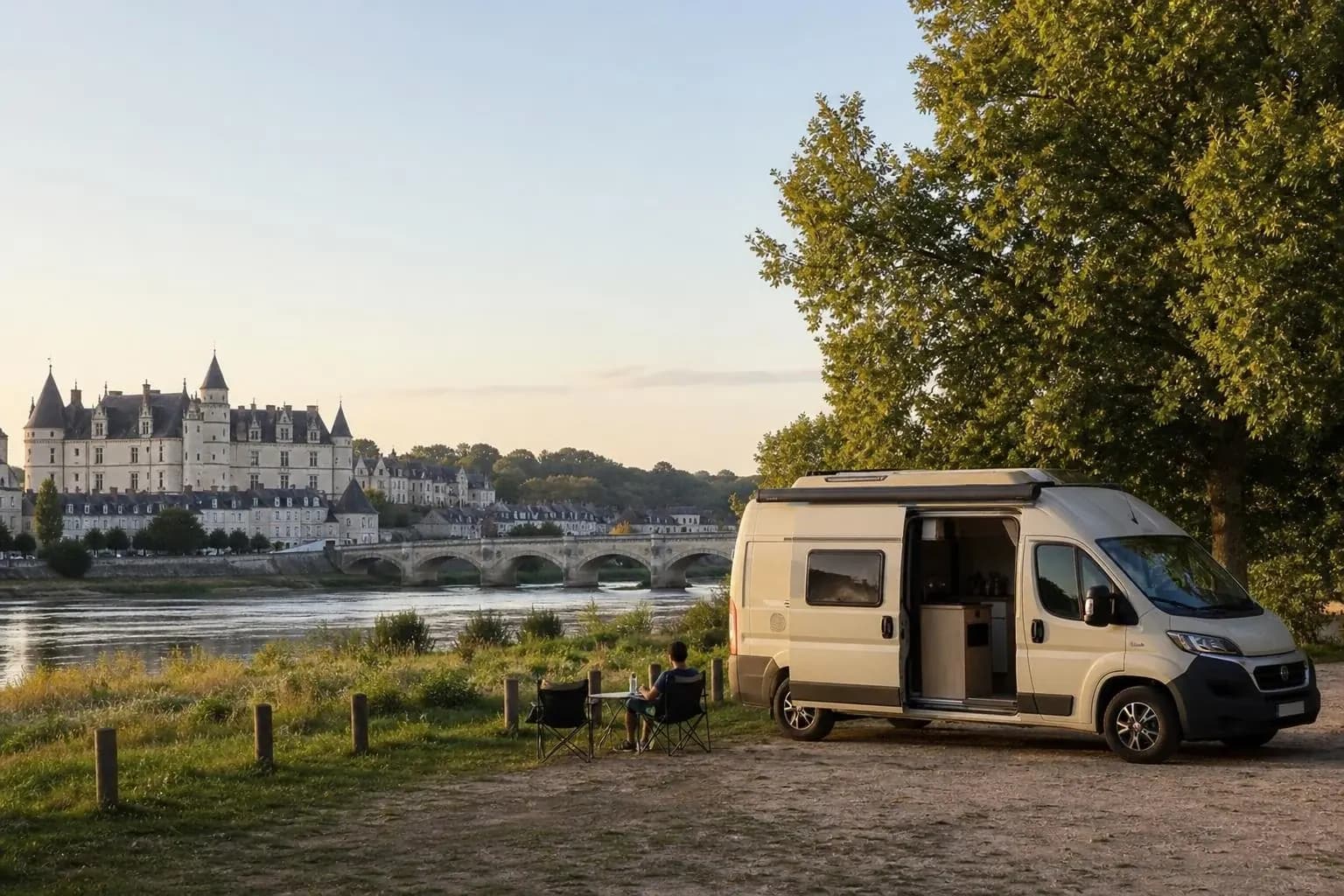 Fourgon aménagé blanc-crème porte latérale ouverte, garé sur la berge de la Loire face à un pont de pierre et à un château, un voyageur assis à une table de camping devant le fleuve