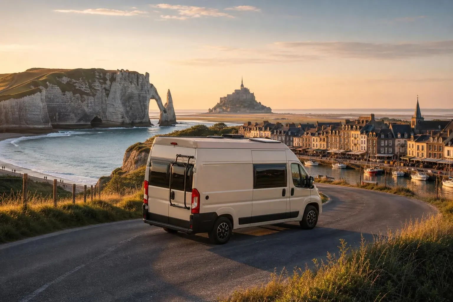 Fourgon aménagé blanc vu de trois-quarts arrière, garé sur une route en surplomb de la Manche, l'arche de la falaise d'Étretat à gauche et le Mont-Saint-Michel à l'horizon, un village portuaire de pierre à droite, au coucher du soleil